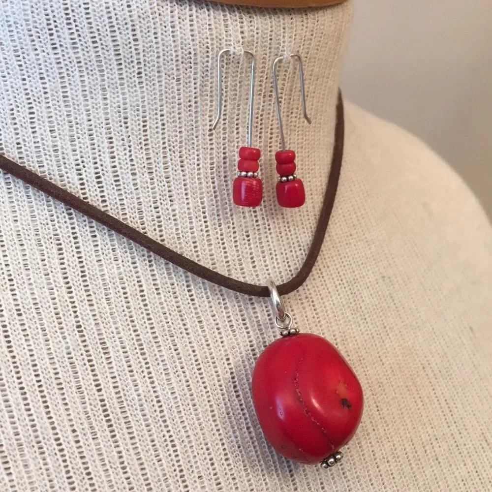 Red Coral Cord Necklace & Sterling Earrings